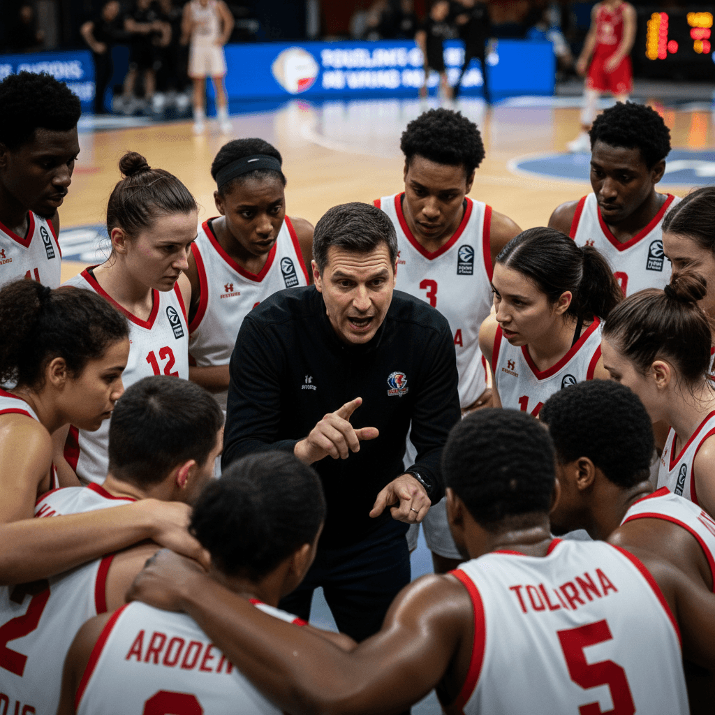 Coach leading team strategy session during game