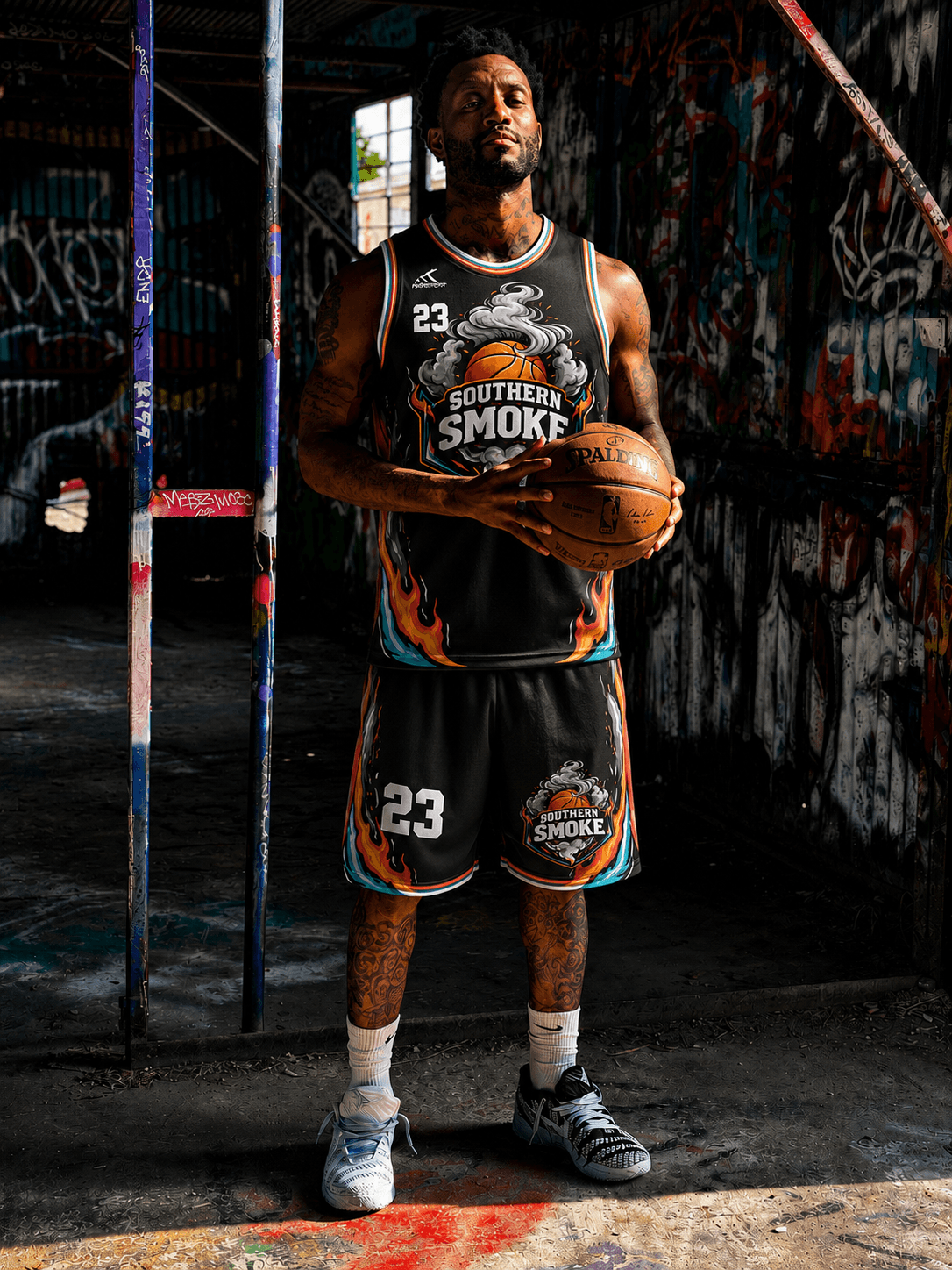 Tattooed basketball player in a black uniform holds a ball in a graffiti-filled room.