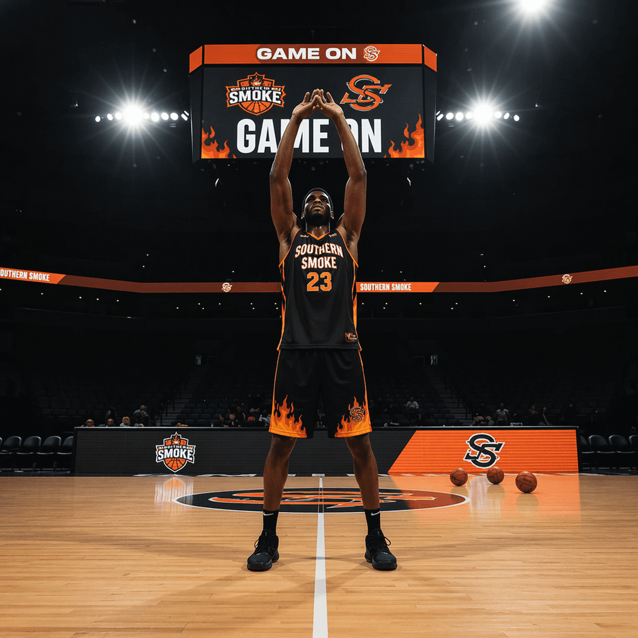 Southern Smoke basketball player in jersey 23 raises arms overhead under a Game On scoreboard.