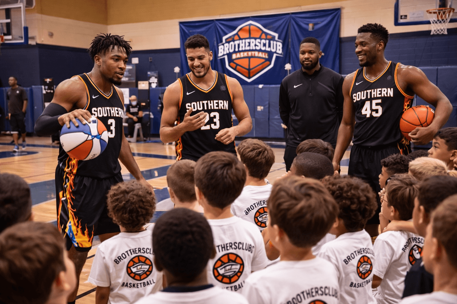 Southern basketball players in black jerseys interact with children at a Brothersclub basketball clinic.