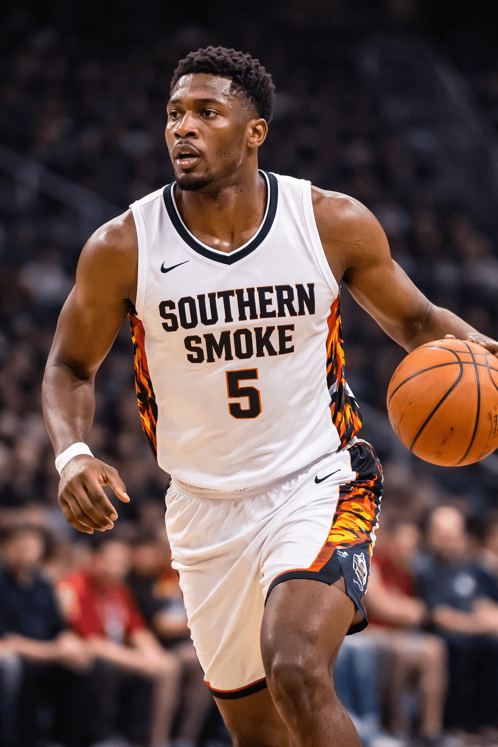 Southern Smoke basketball player number five dribbles a ball while running down the court.
