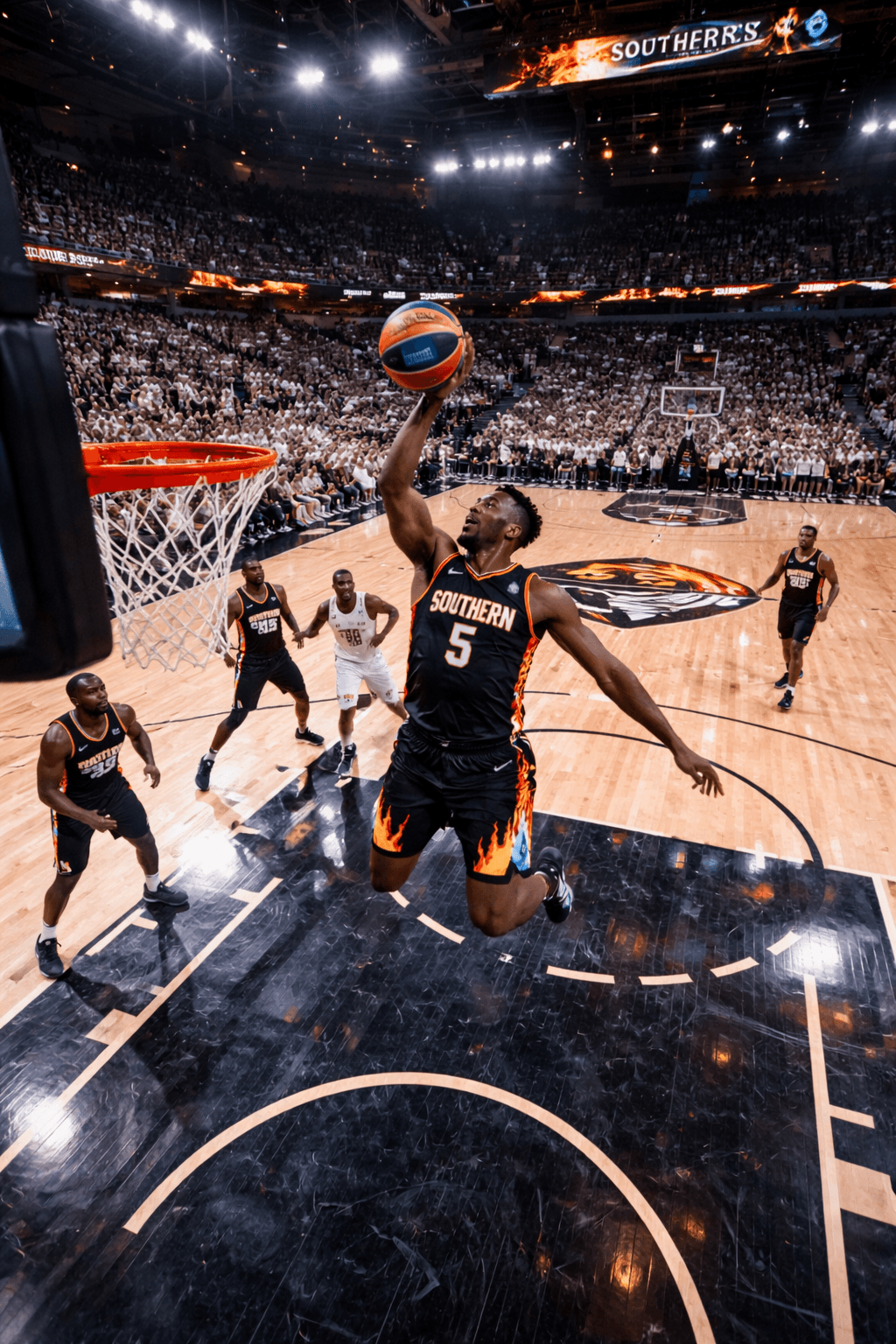 Basketball player in black flame jersey leaps for slam dunk in a crowded arena.