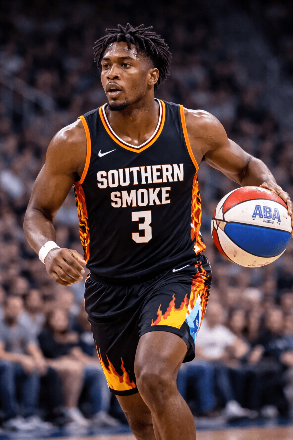 Southern Smoke basketball player in a black flame jersey dribbles an ABA basketball.
