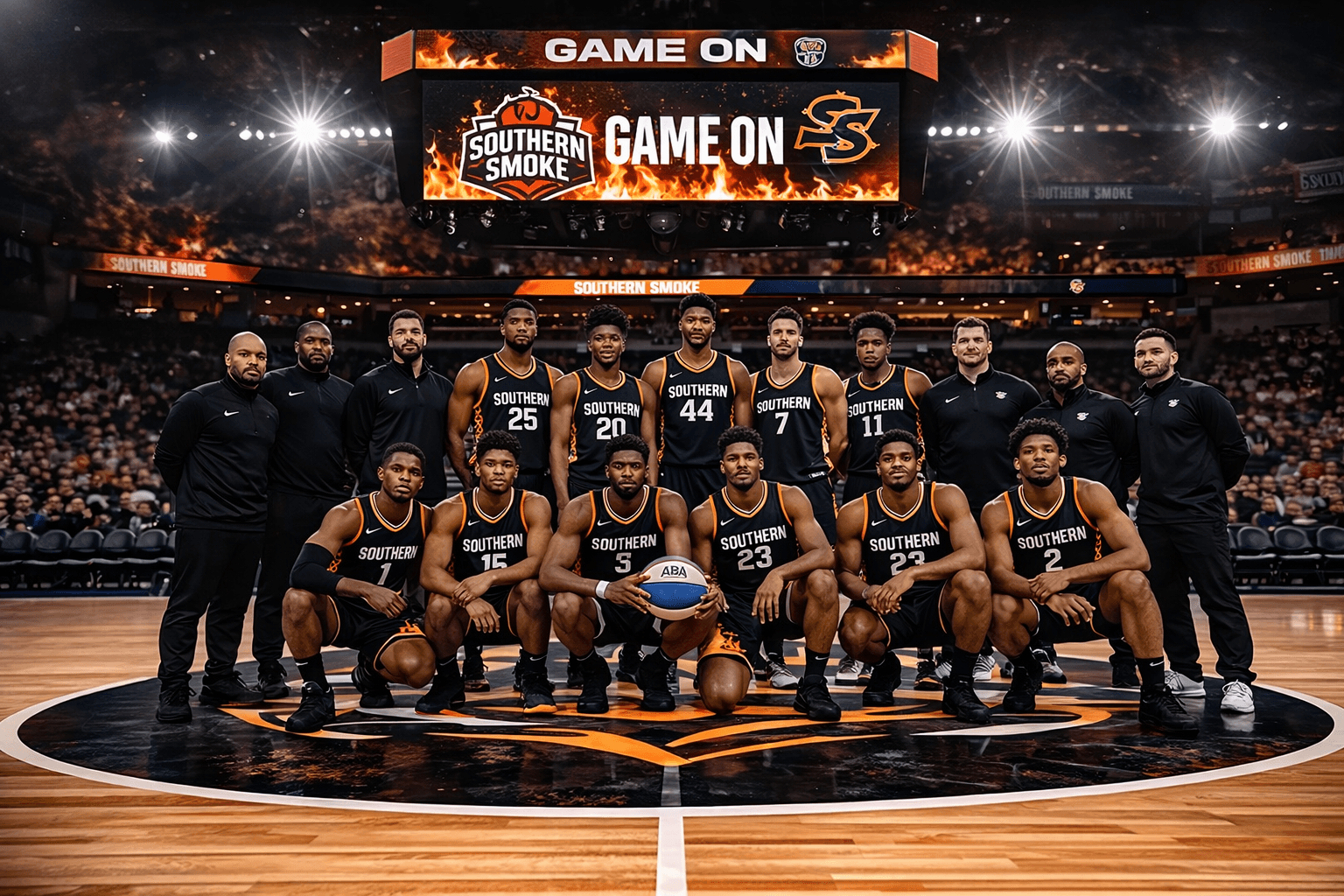 Southern Smoke basketball team and coaches posing on court under a fiery GAME ON scoreboard.