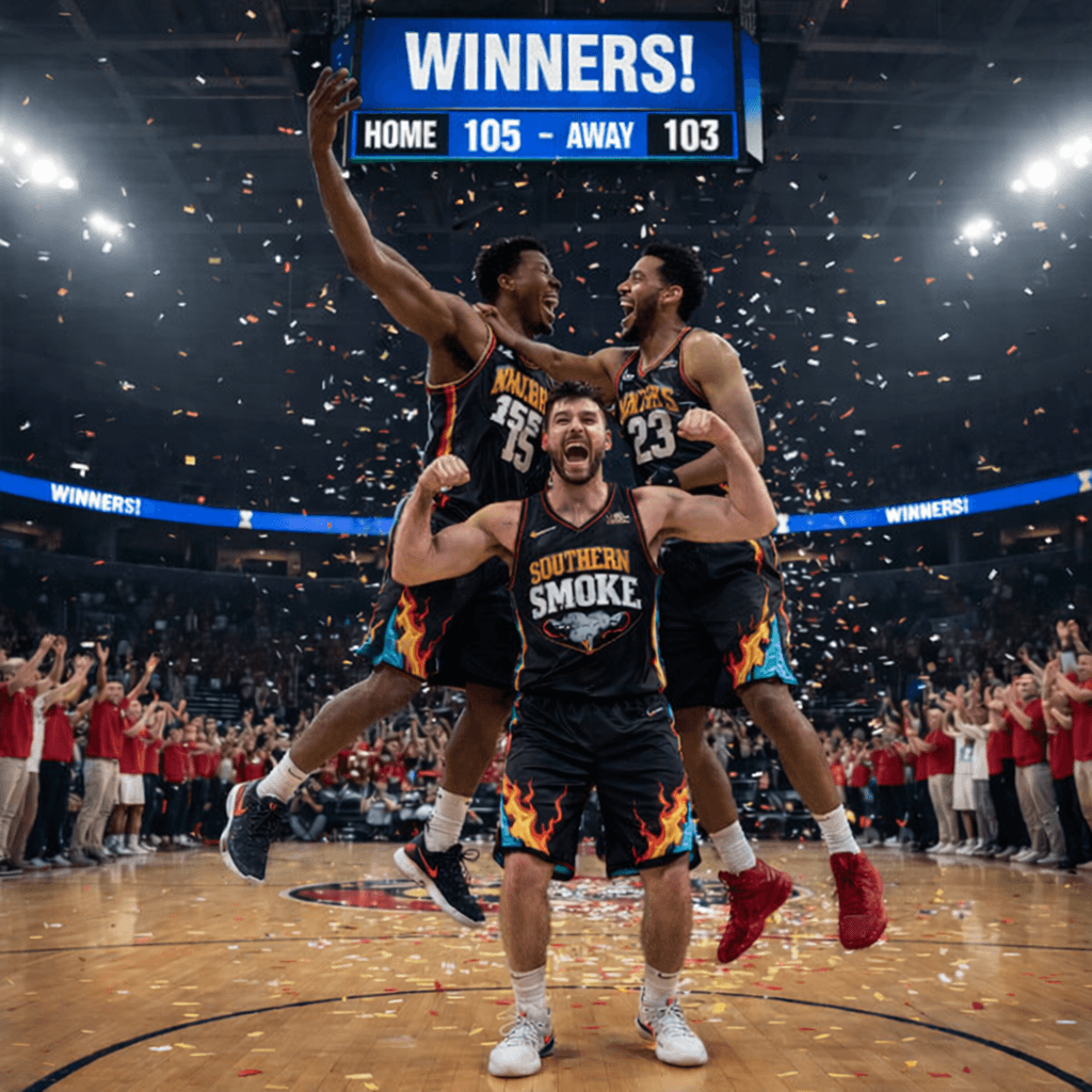 Southern Smoke basketball players celebrate a victory amidst falling confetti in a packed arena.