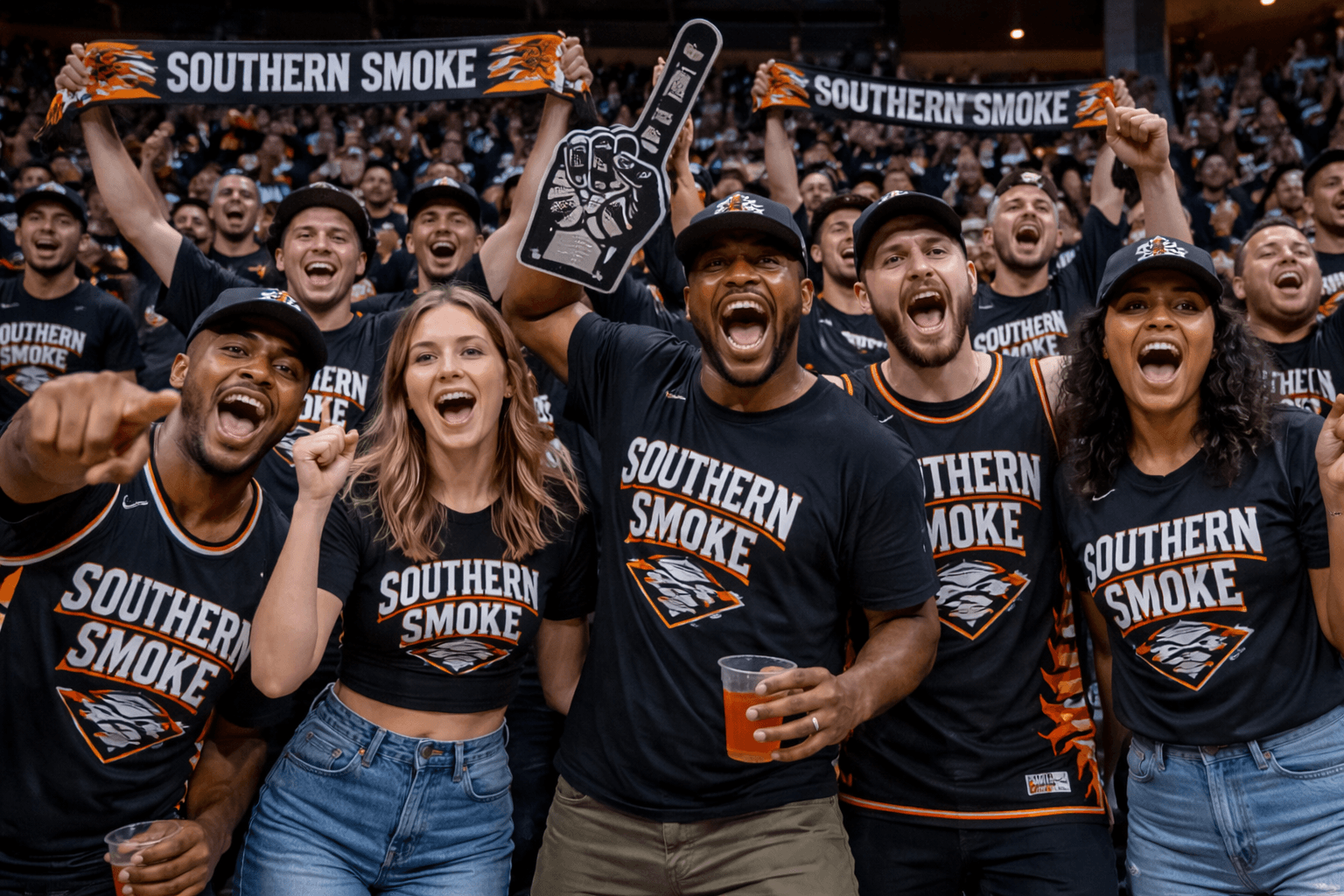 Excited fans in Southern Smoke apparel cheer loudly, holding banners and a foam finger.