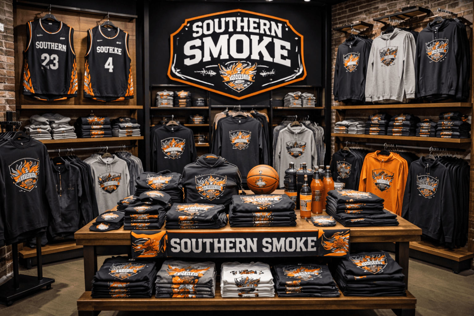 Retail display of Southern Smoke branded apparel featuring jerseys, hoodies, and folded t-shirts.